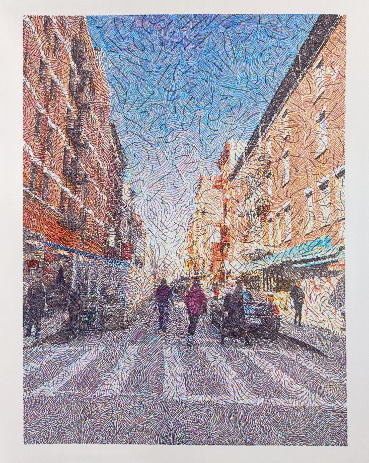 Plotted drawing, street scene