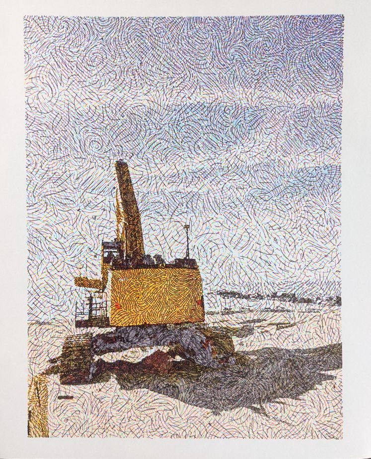 Plotted drawing, excavator on the shore