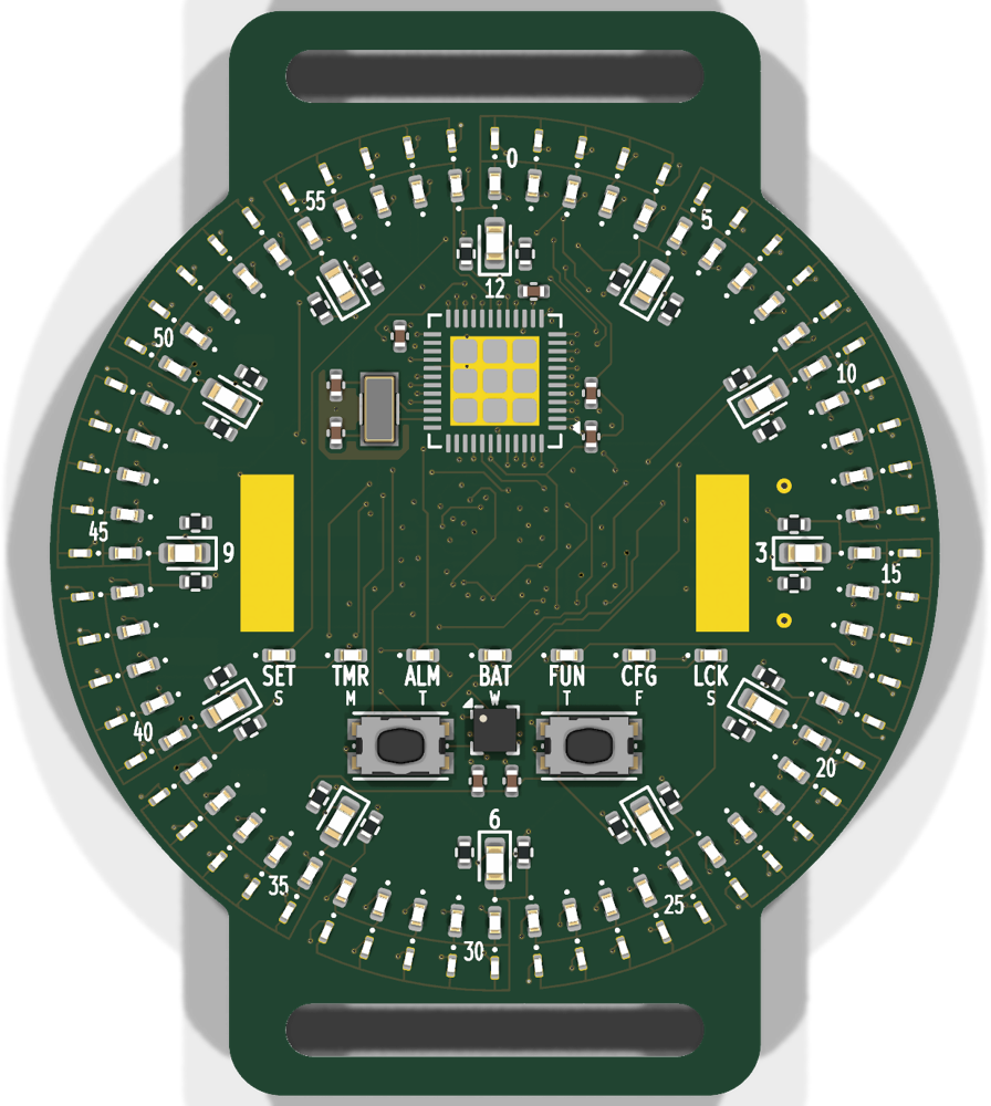 Front of the LED Watch circuit board: rings of tiny LEDs around a centre reserved for a solar cell